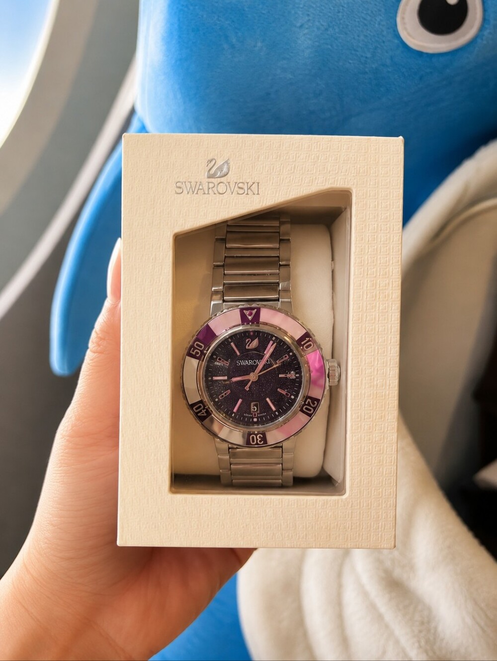 Swarovski Silver Watch with Purple Bezel